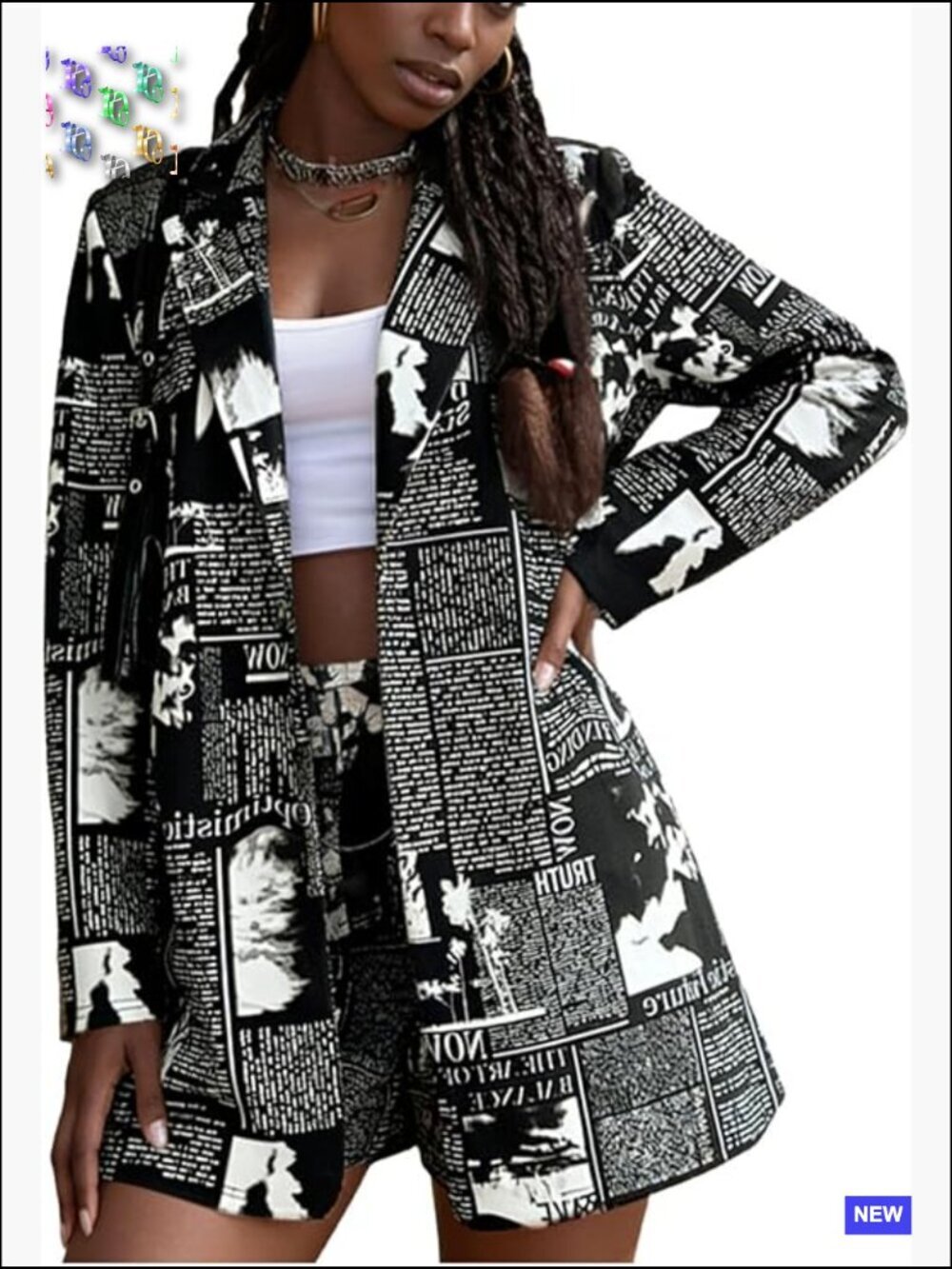 Newspaper Print Blazer Lapel Collar Long Sleeve Work Office Jacket Chic - Picture 1 of 7